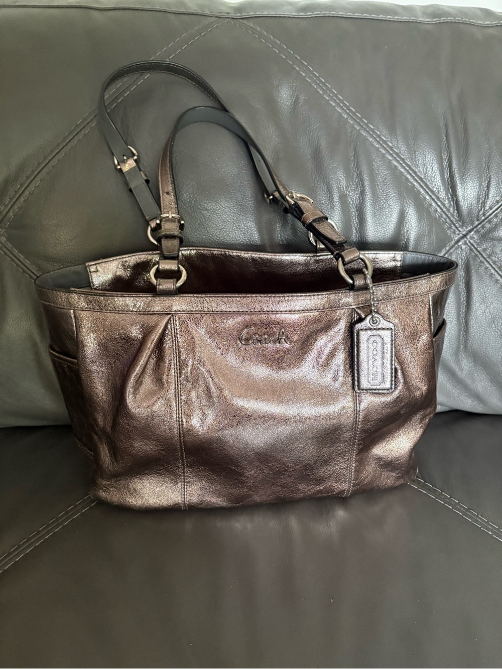 COACH Metallic Pewter Gallery Signature East West Shoulder Handbag #F17721 EUC